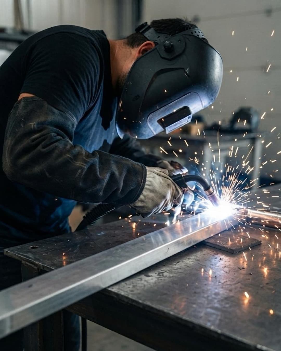 Saldatore al lavoro su un profilo in acciaio